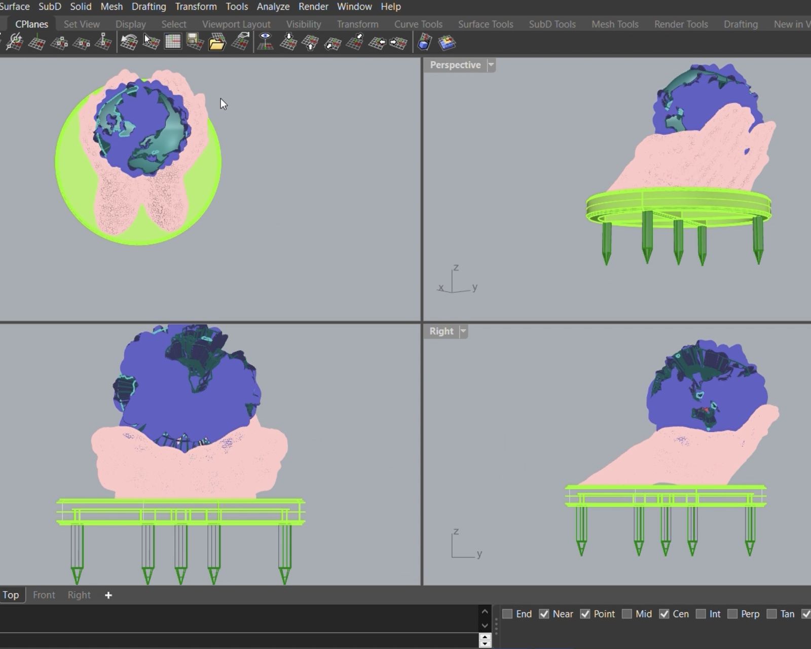 Rhino multi-view render of the hands-and-globe sculpture