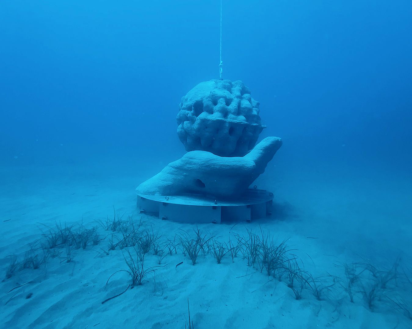 The sculpture resting on the seabed among the Posidonia